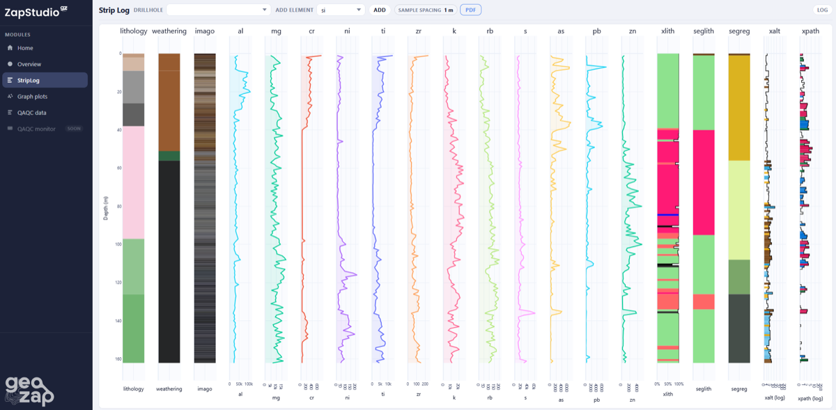 ZapStudio strip log showing lithology and geochemical data